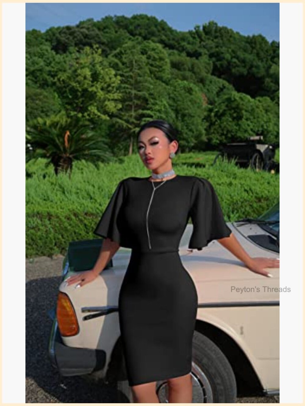 Women's Bodycon Ruffle Flared Short Sleeve Pencil Midi Dress - Picture 5 of 7